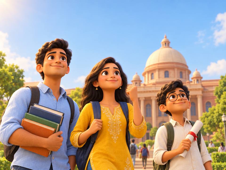 Cartoon student holding books in front of a tilted scale