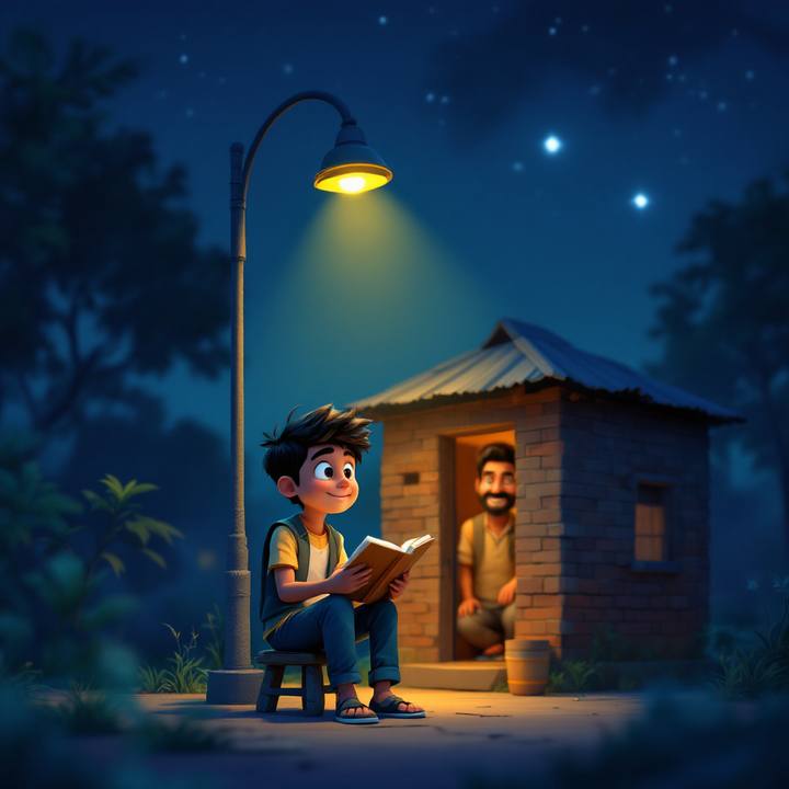 Cartoon student studying under a street lamp at night