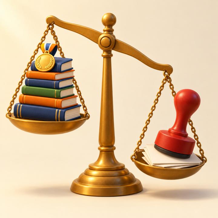 Cartoon balance scale weighing books against a quota stamp